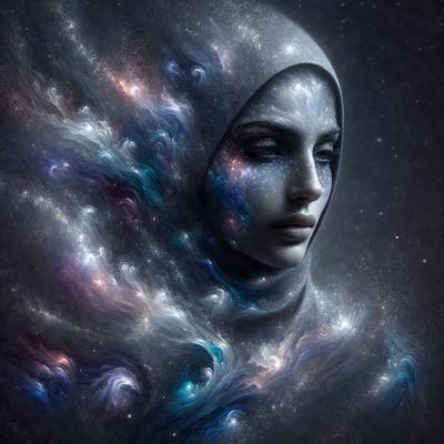 The primary subject of the image is a woman wearing a headscarf, with her face and eyes prominently featured. The setting is a dark, starry night, with the woman standing in front of a backdrop of stars. The visual style is a digital art or illustration, creating a surreal and dreamy atmosphere. The colors and mood are predominantly dark and mysterious, with the woman's face and the starry night serving as the main focus of the image.